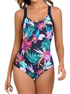Tropical Floral One Piece Swimsuit Tummy Control Vintage Swimwear